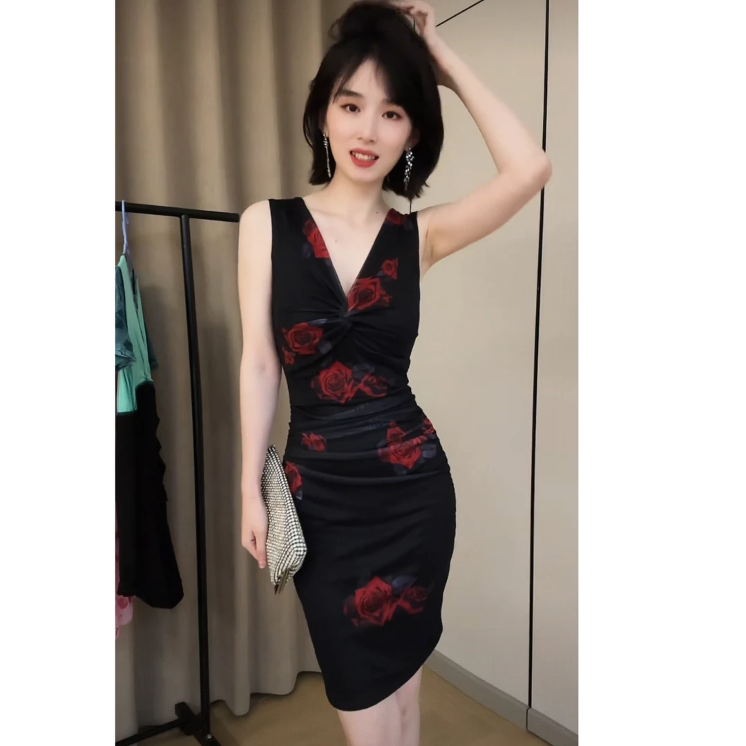 黑玫瑰夏季纯欲花色V领性感收腰显瘦包臀连衣裙气质短裙#280