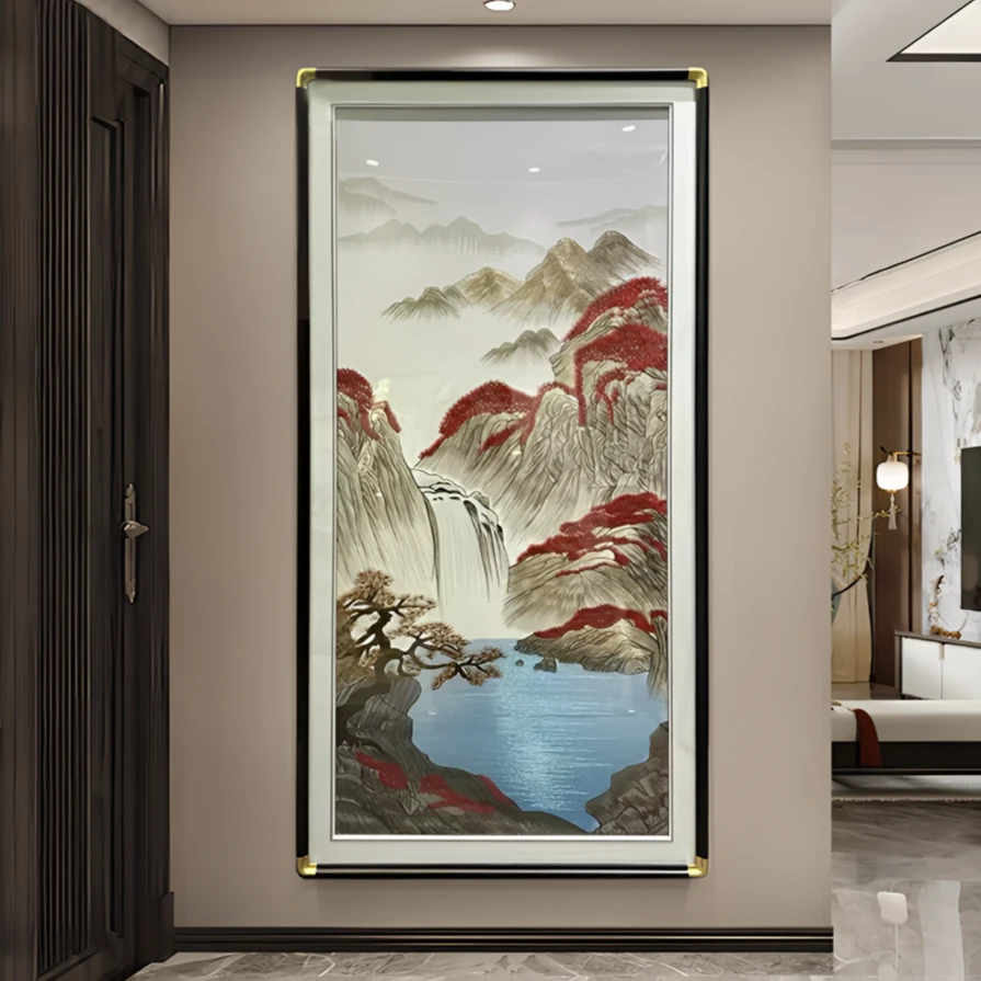 新中式鸿运当头刺绣玄关装饰画成品挂画