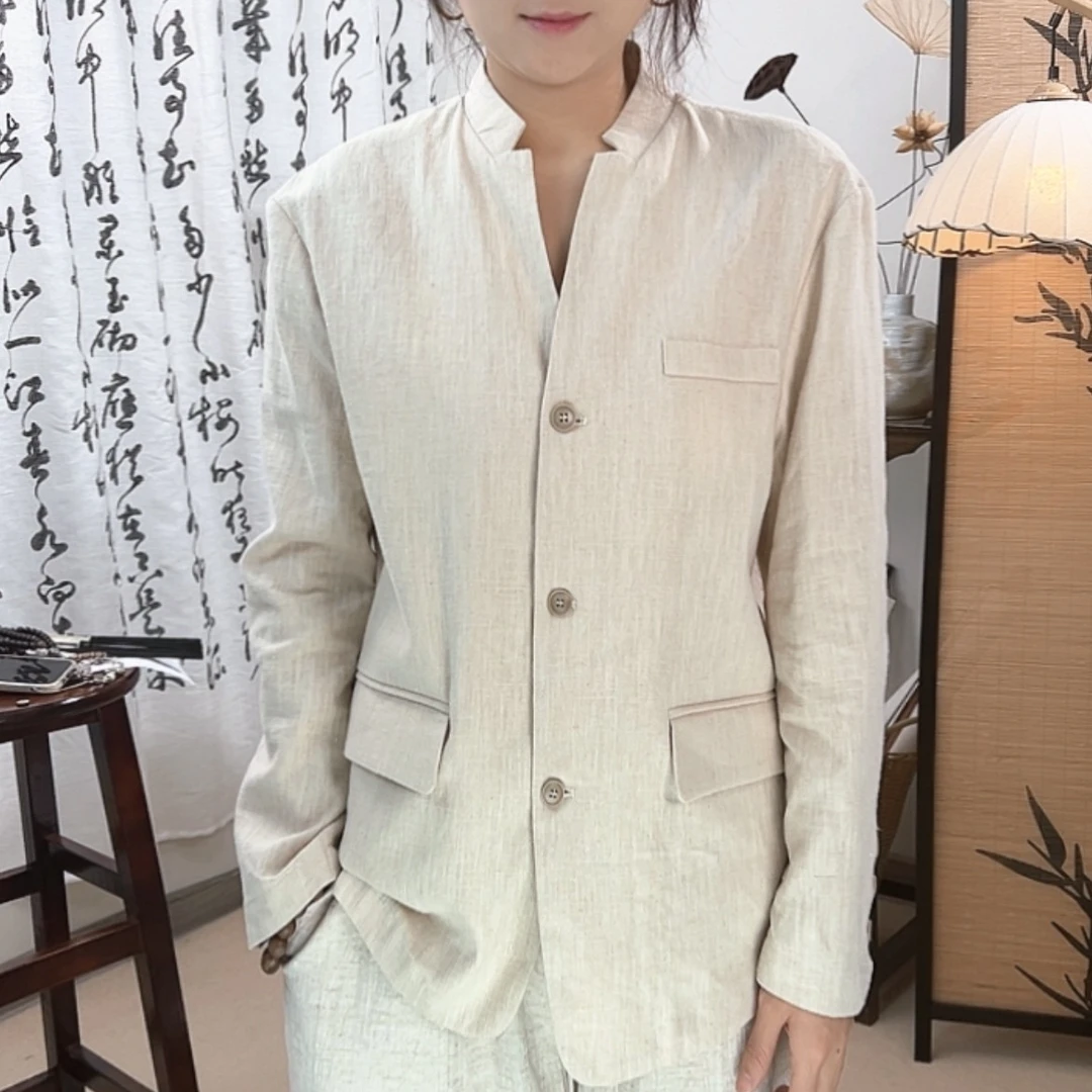 苎麻立领春夏常规西装领夏季西服上装舒适长袖设计师男装宽松男士