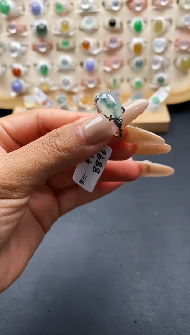 银S925镶嵌戒指翡翠缅甸天然A货翡翠2 8-5