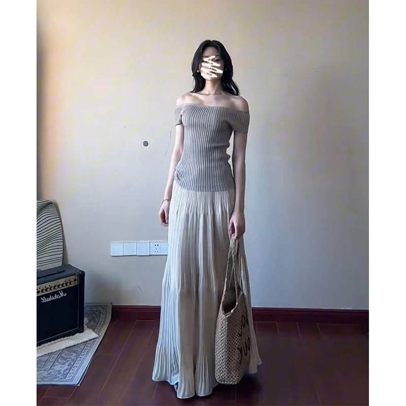 2025夏季新款女法式气质露肩修身针织上衣设计感高腰显瘦半身裙