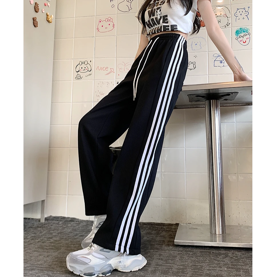 春秋冬三条杠新款运动裤女高腰宽松显瘦束脚裤子直筒休闲裤阔腿裤