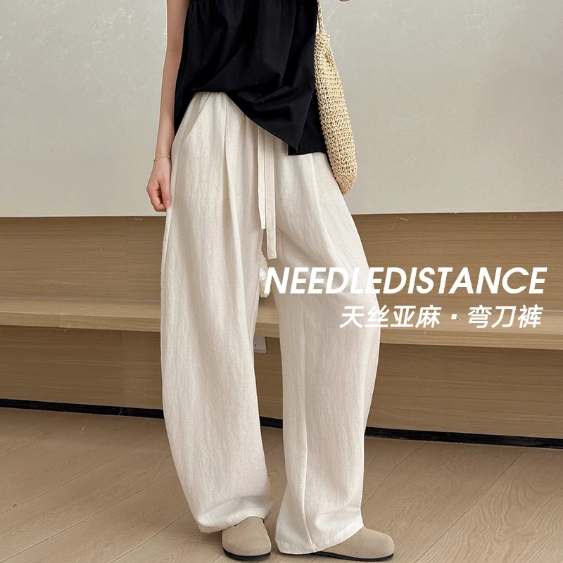 天丝亚麻莱赛尔弯刀裤夏季新款抽绳松紧垂感阔腿直筒休闲裤
