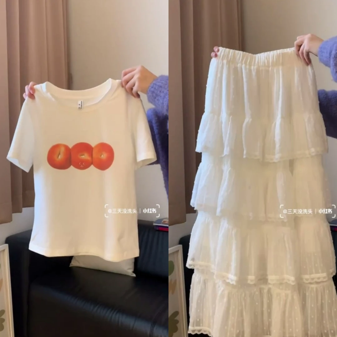 印花短袖T恤搭配甜美蕾丝蛋糕裙半身裙女2025夏新款韩系时尚套装