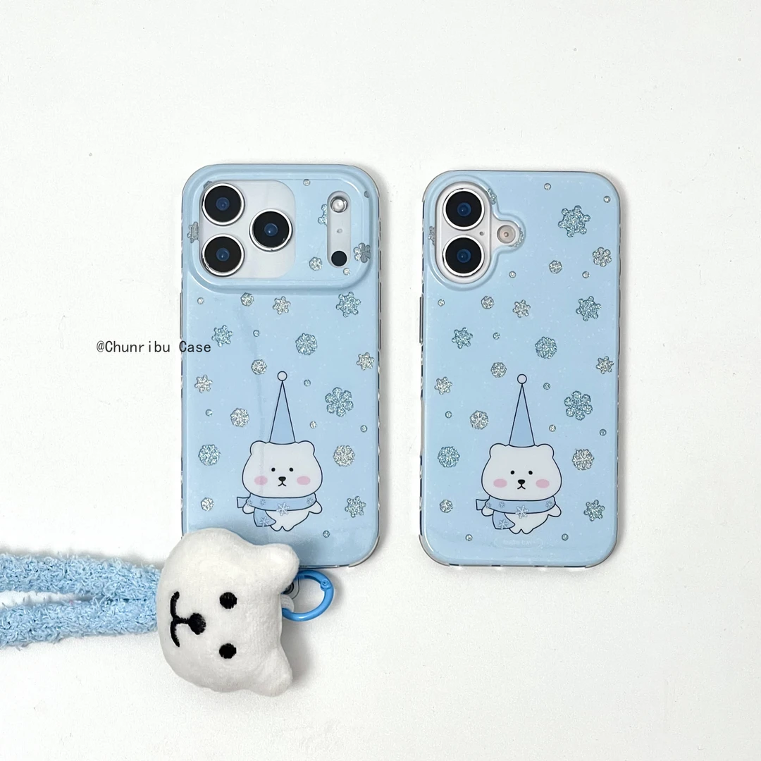 可爱冬季雪花蓝色围巾小白熊适用苹果17/16promax手机壳15/14/13