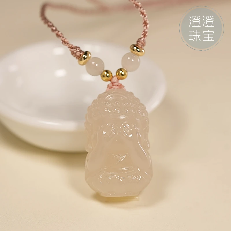 【澄澄珠宝】和田玉藕粉不看佛精美女士雕刻挂件吊坠 赠绳