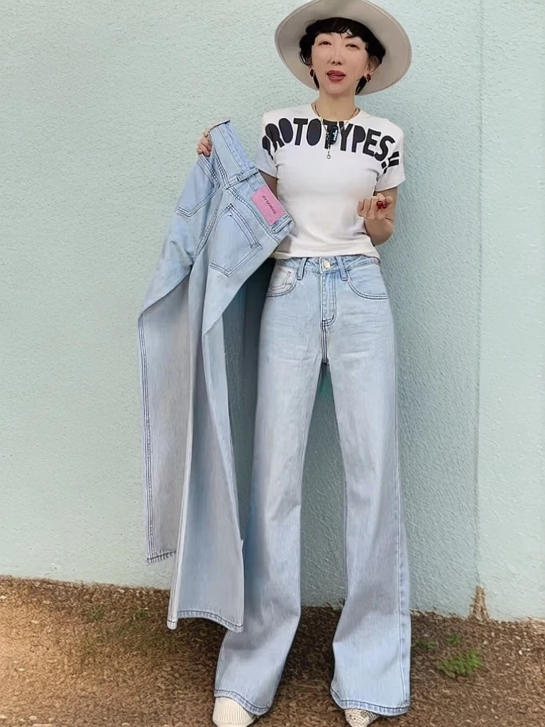 港版设计师80014修身浅蓝色水洗百搭显瘦直筒阔腿喇叭裤牛仔裤