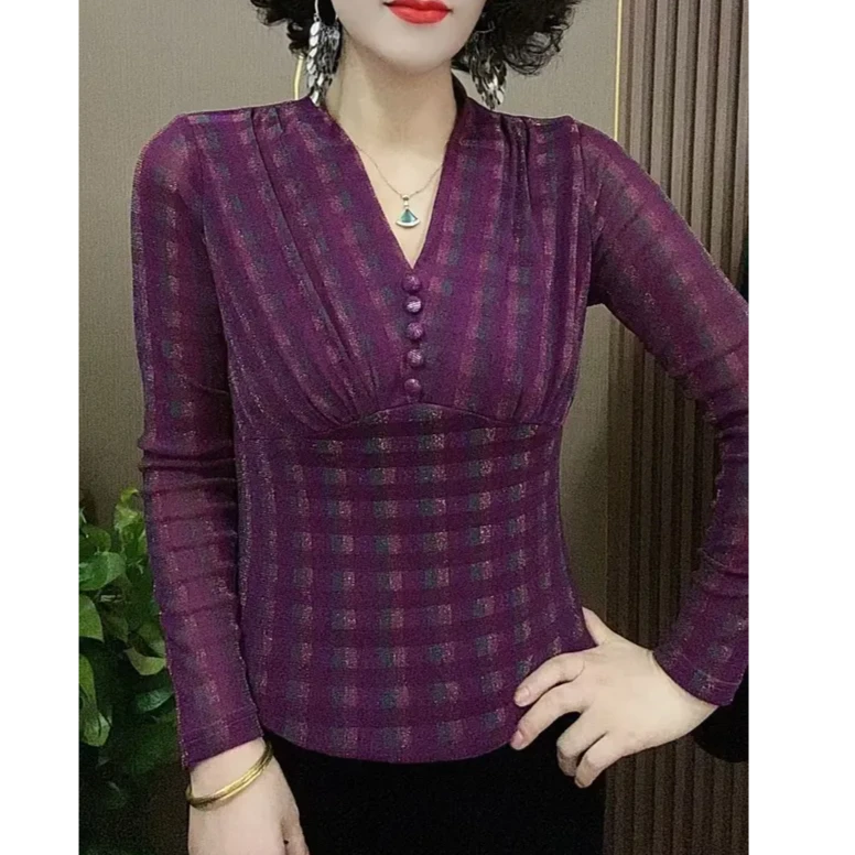 2025春季新款V领长袖显瘦修身时尚女士百搭气质小衫上衣