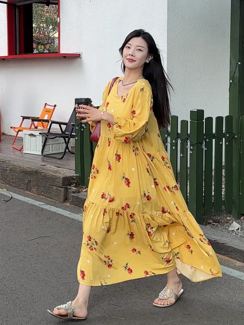 【V领蛋糕裙】夏季时尚碎花设计款棉绸洋气气质宽松休闲长款连衣裙R