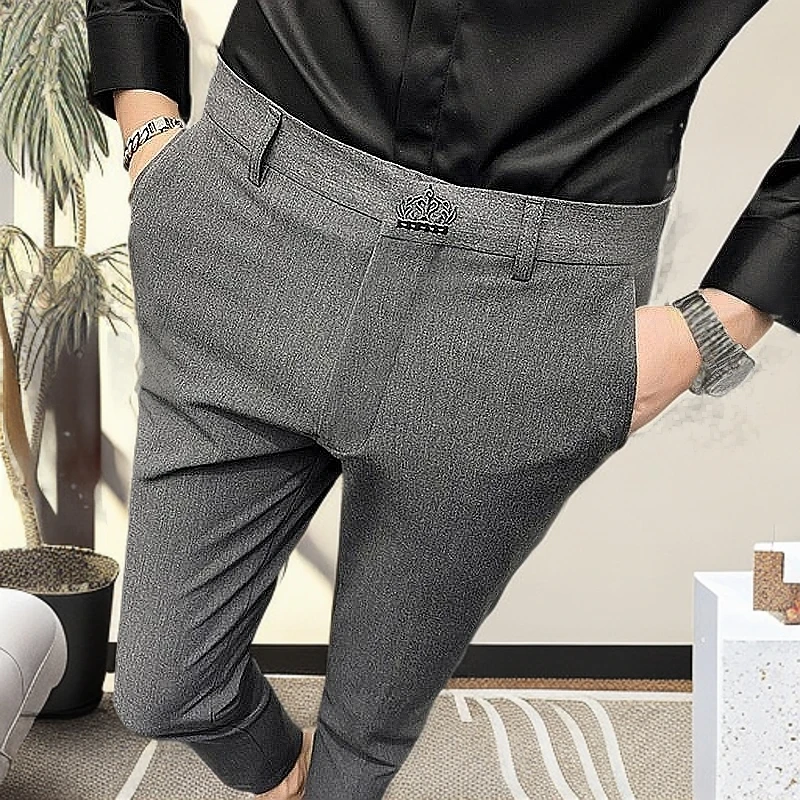 春秋休闲西装裤子男长裤修身韩版坠感刺绣小西裤潮流小脚九分裤男