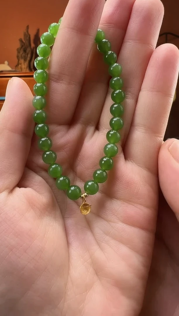 【闪购商品】和田玉（碧玉）手串18K金镶嵌俄碧6mm