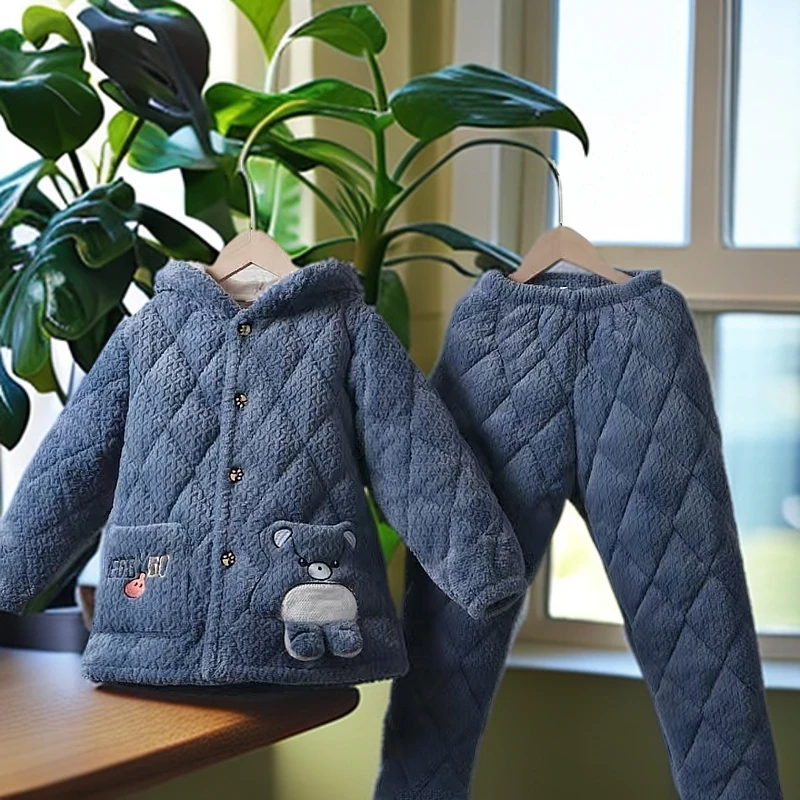 冬季加厚童装睡衣加绒宝宝保暖男童小中大童套装家居服外出76