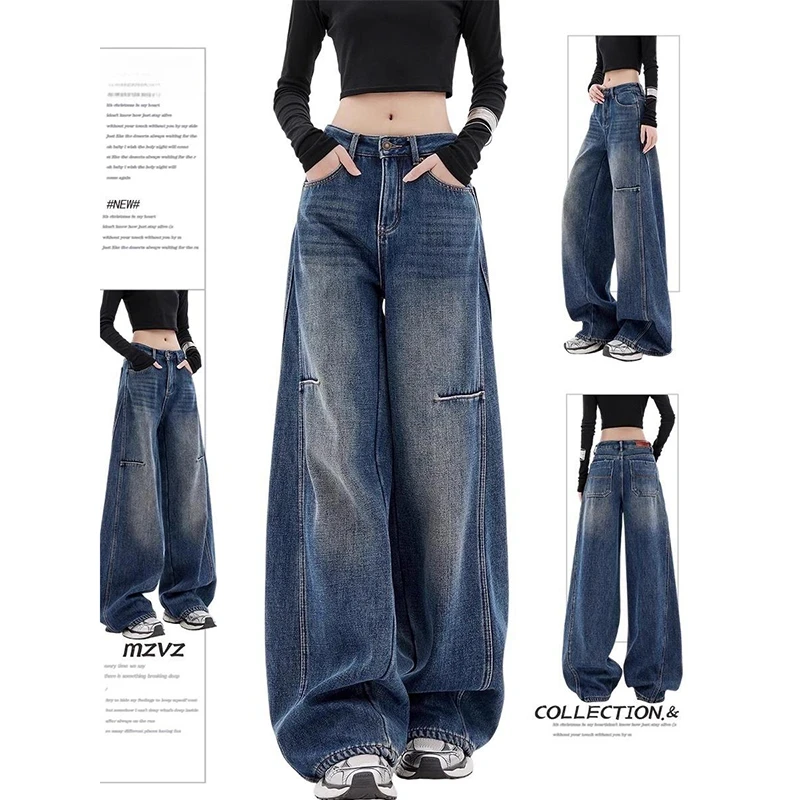 大码美式复古蓝色弯刀牛仔裤女春季2025新款镰刀宽松拖地阔腿裤子