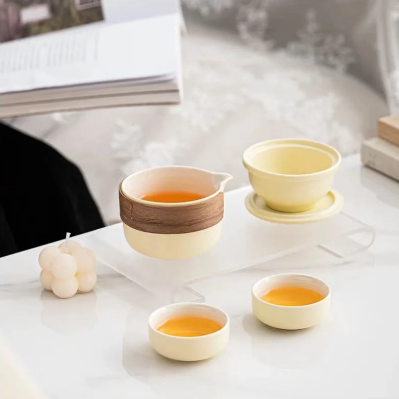 奶油黄一壶两杯路宝茶水分离户外便携式旅行茶具快客杯带包