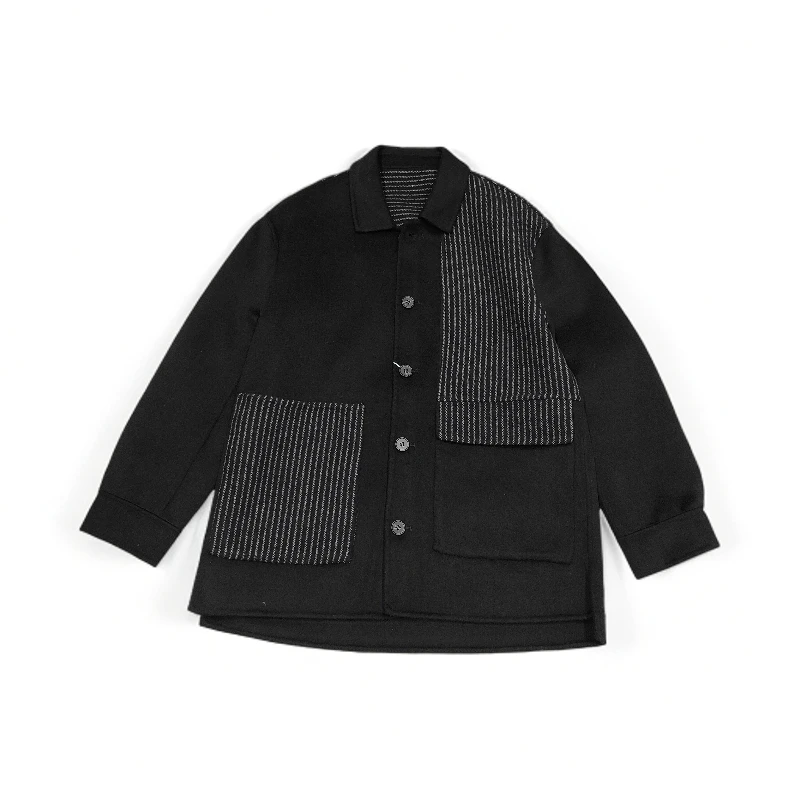 男士翻领冬季保暖双面呢夹克外套男装撞色条纹时尚拼接25871