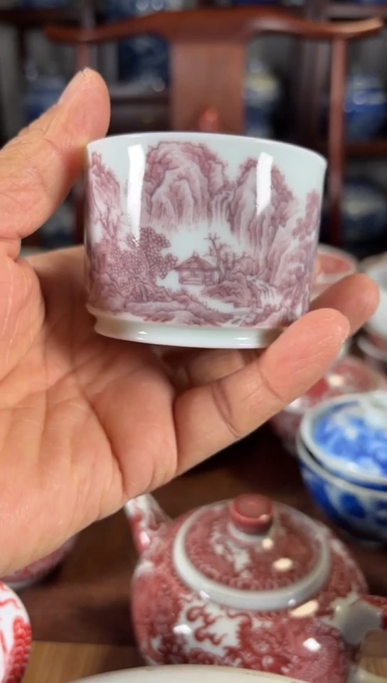 柴窑釉里红山水融天杯杯