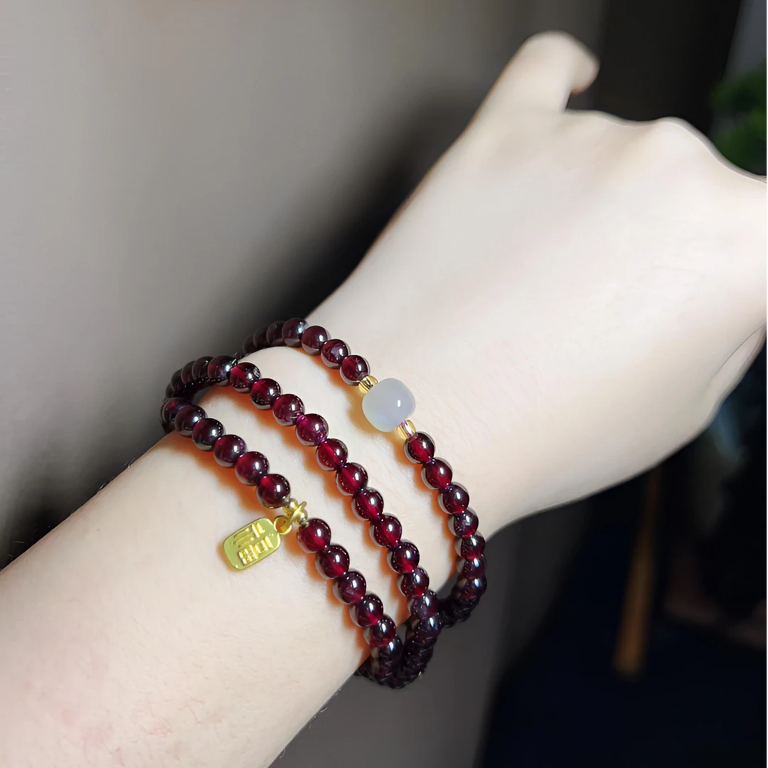 【琮睿】石榴石5咪三圈和田玉串珠手串女2025新款多层素圈小众手链