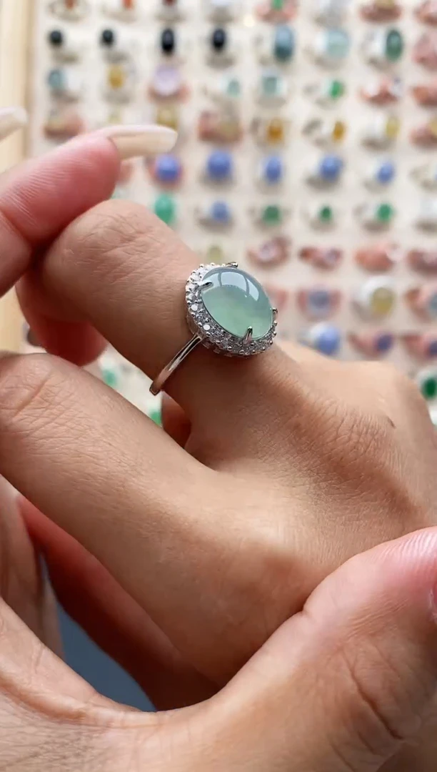 【闪购商品】翡翠戒指银S925镶嵌缅甸天然A货翡翠111  4+8