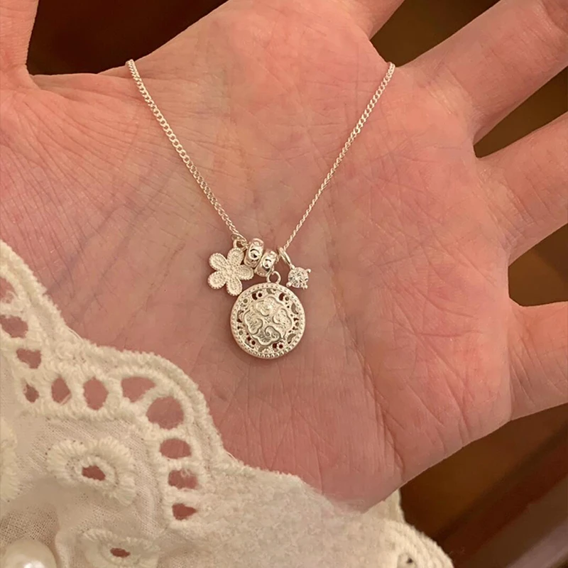 春暖花开甜美银色跑环花朵罗盘项链春夏小清新精致百搭锁骨链