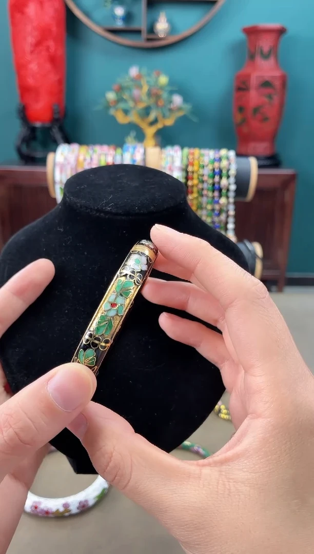 非遗 景泰蓝开口镯 半金地黑色