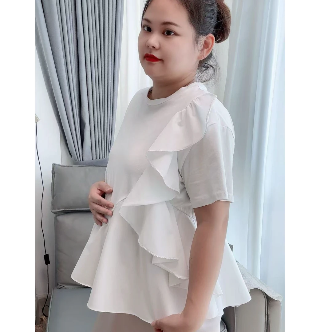 孕妇装2025夏季法式洋气荷叶边短袖T恤时尚新款显瘦减龄小衫上衣
