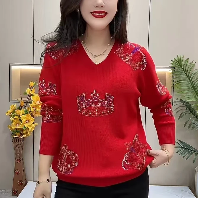 春秋款针织衫时尚镶钻百搭减龄妈妈装2025新款宽松显瘦女装打底衫