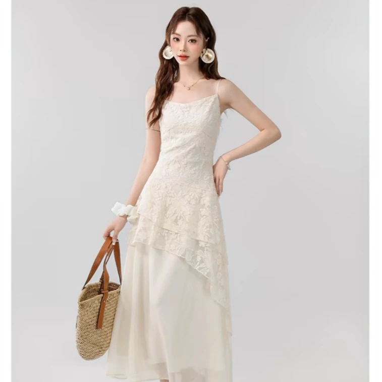 【夏季新款】温柔风蕾丝刺绣不规则长款吊带连衣裙