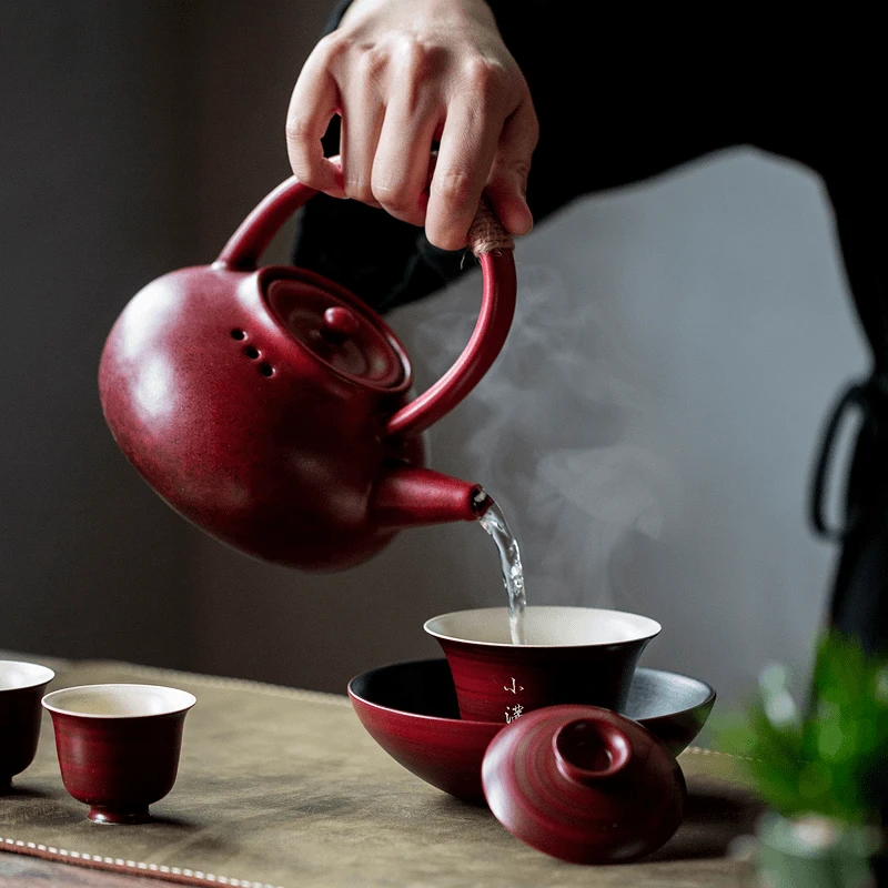 茶小洋-山楂红粗陶弯月提梁壶800ml