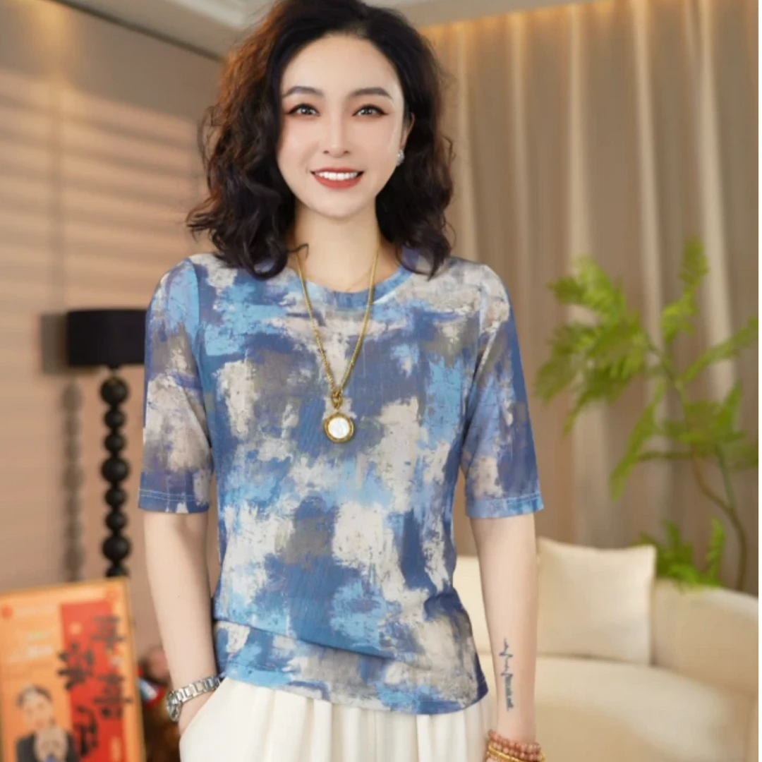 秘境 夏季新款高级感气质显瘦百搭薄款圆领女士设计感时尚上衣