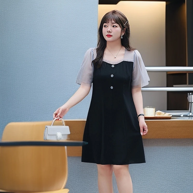 新品高腰方领法式大码连衣裙喇叭袖夏季大码连衣裙夏季胖mm