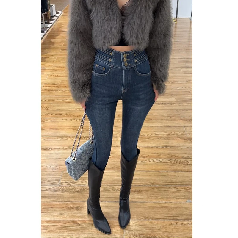 2025秋冬新款时尚百搭加绒加厚铅笔水洗牛仔裤显瘦百搭修身小脚裤