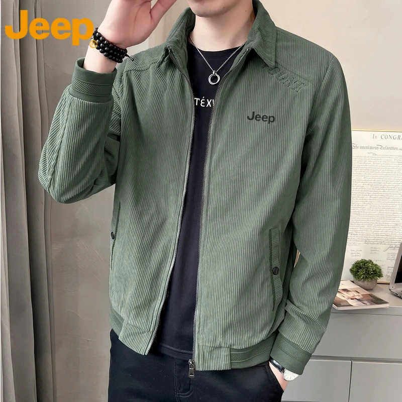 Jeep吉普男士夹克韩版宽松茄克衫百搭潮流灯芯绒复古翻领外套男装