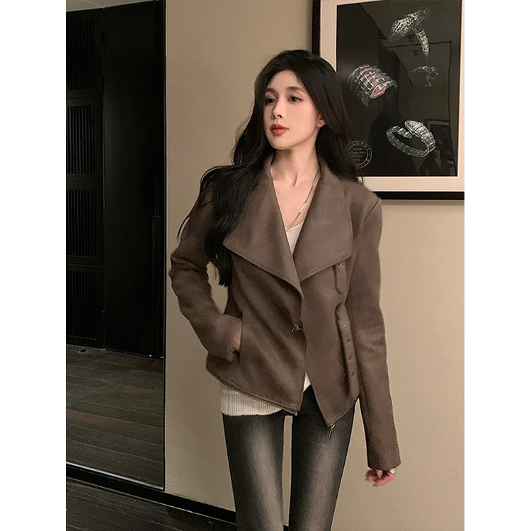 美式风复古机车皮夹克女2025春季新款长袖大翻领氛围感收腰短外套