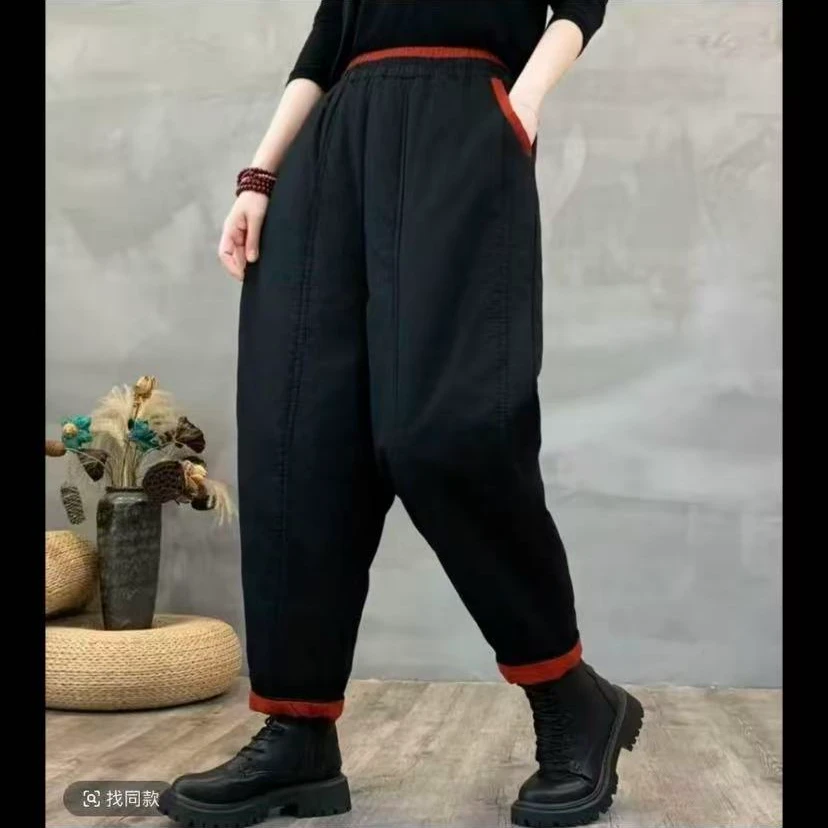 外穿长裤大码高腰哈伦裤女新款冬季宽松成人厚款拼接夹棉棉裤