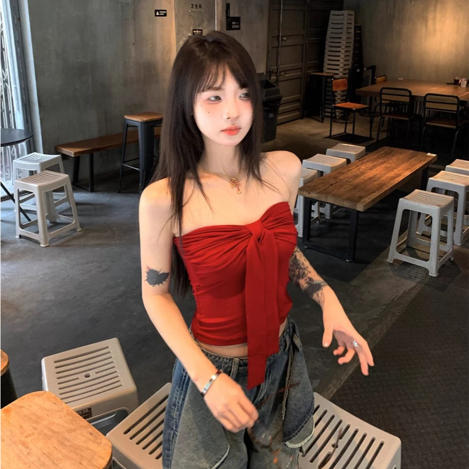 甜辣妹纯欲蝴蝶结绑带挂脖设计感抹胸背心女修身胸垫短款美背上衣