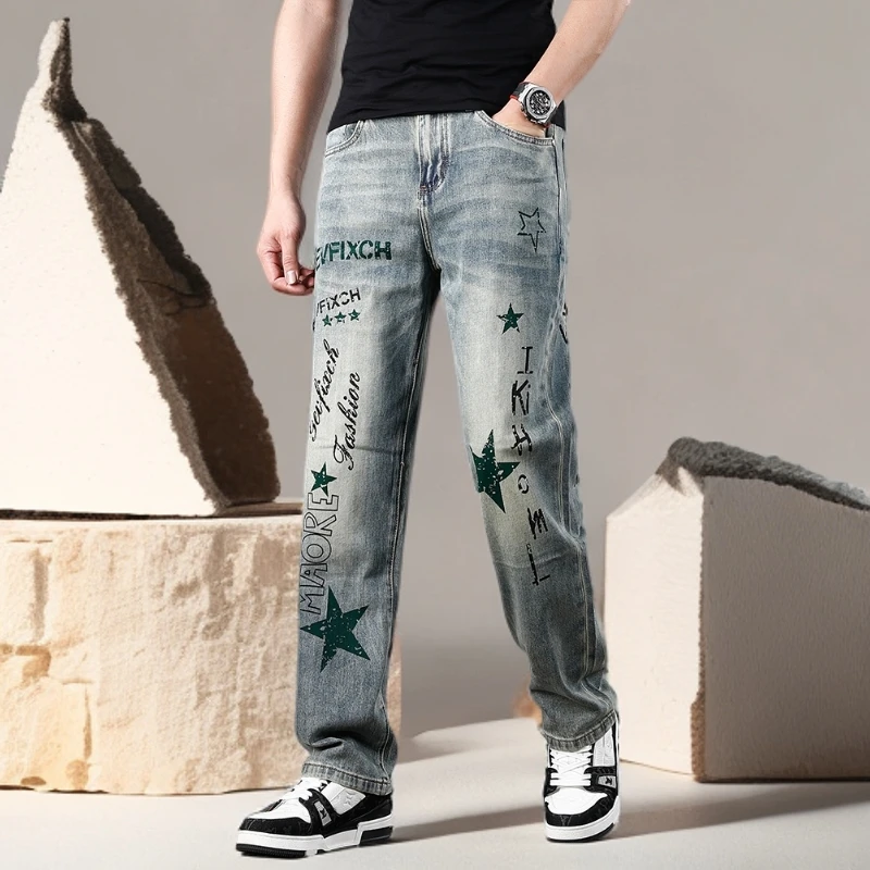 诺顿雷斯宽松直筒垂感显瘦潮牌牛仔裤男夏季薄款时尚潮流印花裤子