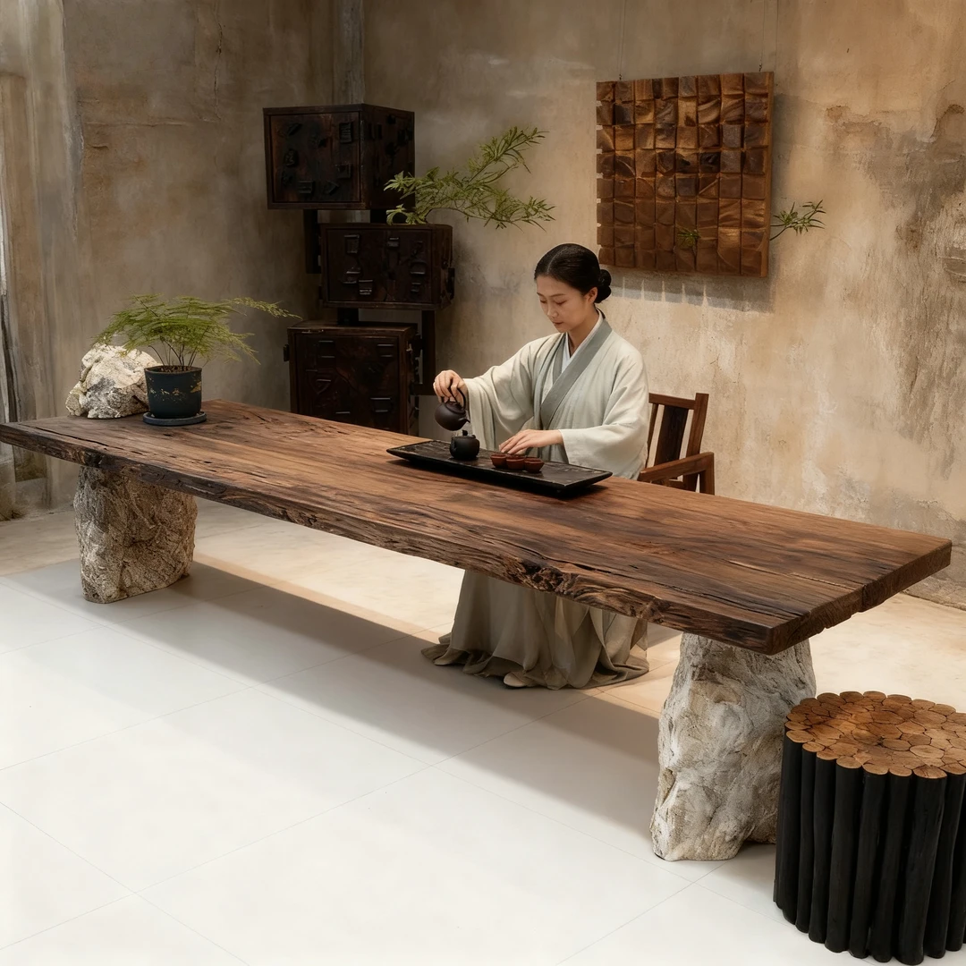 侘寂风原木大板茶桌茶台风化老木民宿餐桌设计师石头茶室泡茶桌