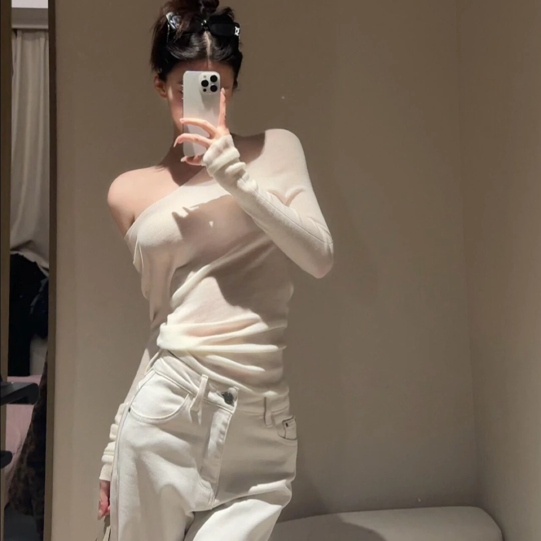 纯欲辣妹斜肩针织衫女秋冬性感修身显瘦内搭打底上衣休闲裤两件套