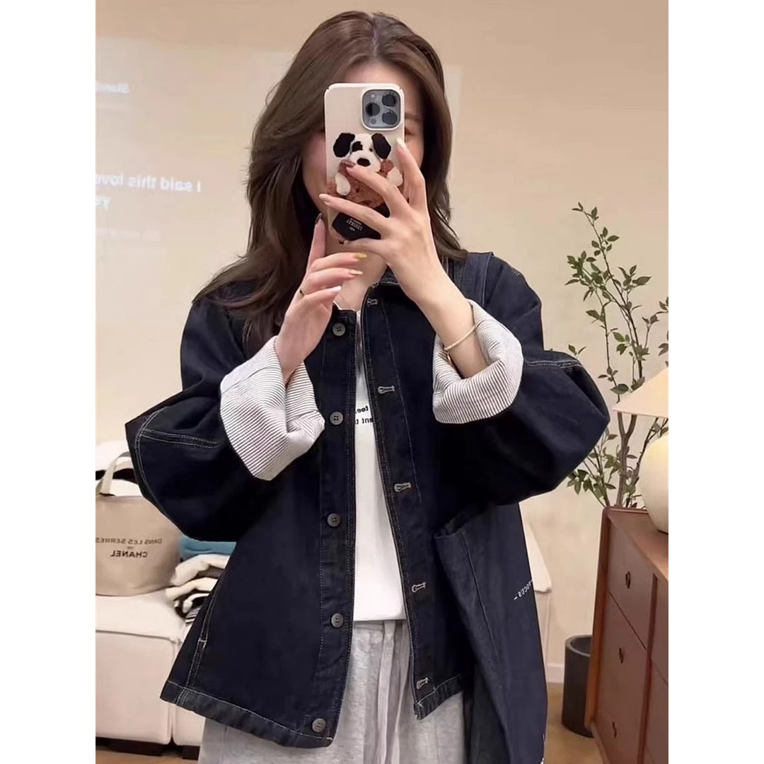 春季韩系袖口拼接条纹短牛仔外套女2025新款休闲宽松显瘦夹克上衣