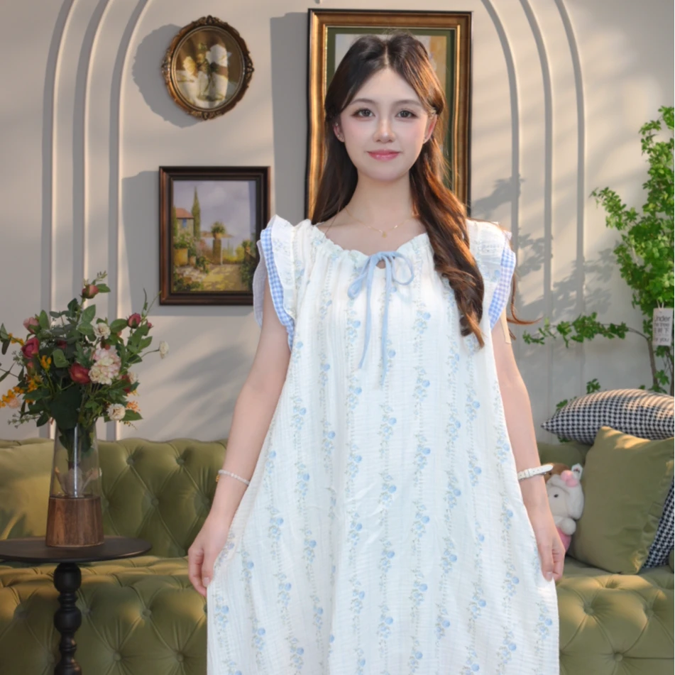 夏季大码纯棉双层棉纱睡裙女薄款无袖吊带胖mm孕妈妈80-300斤