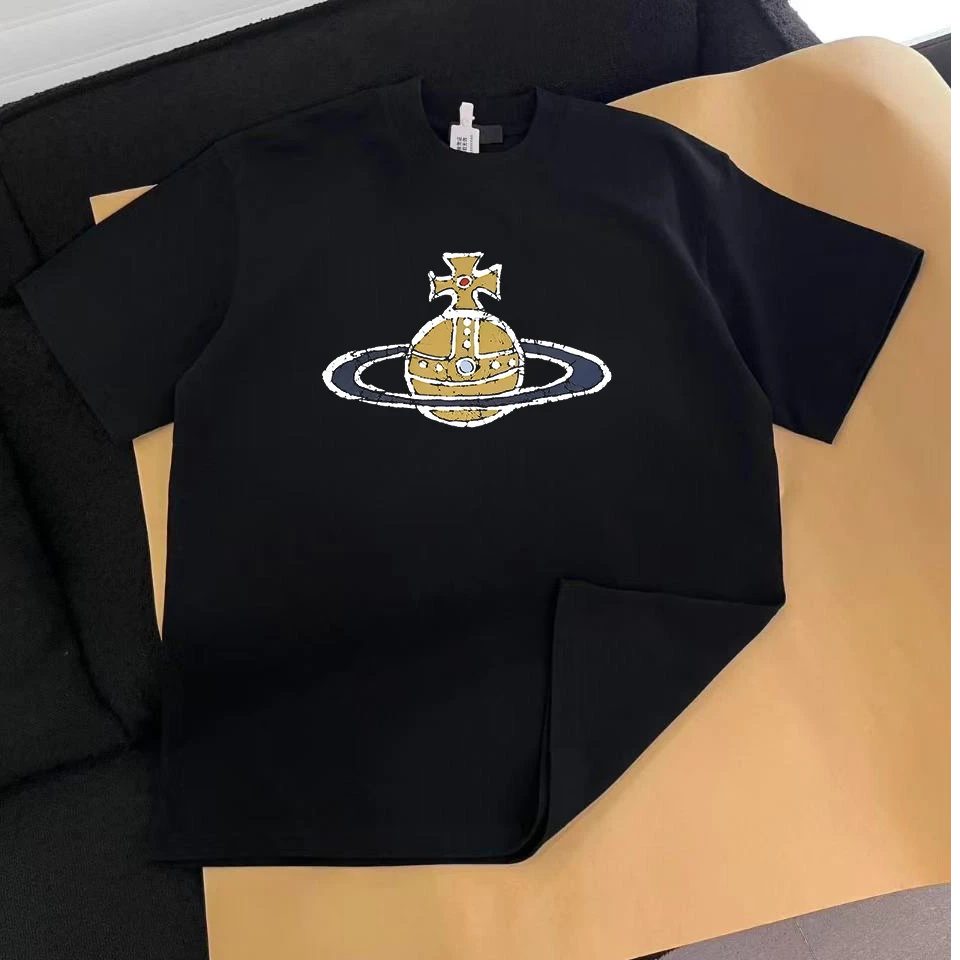 潮牌高街做旧星球印花短袖T恤男士夏季新款圆领宽松小领口上衣ins