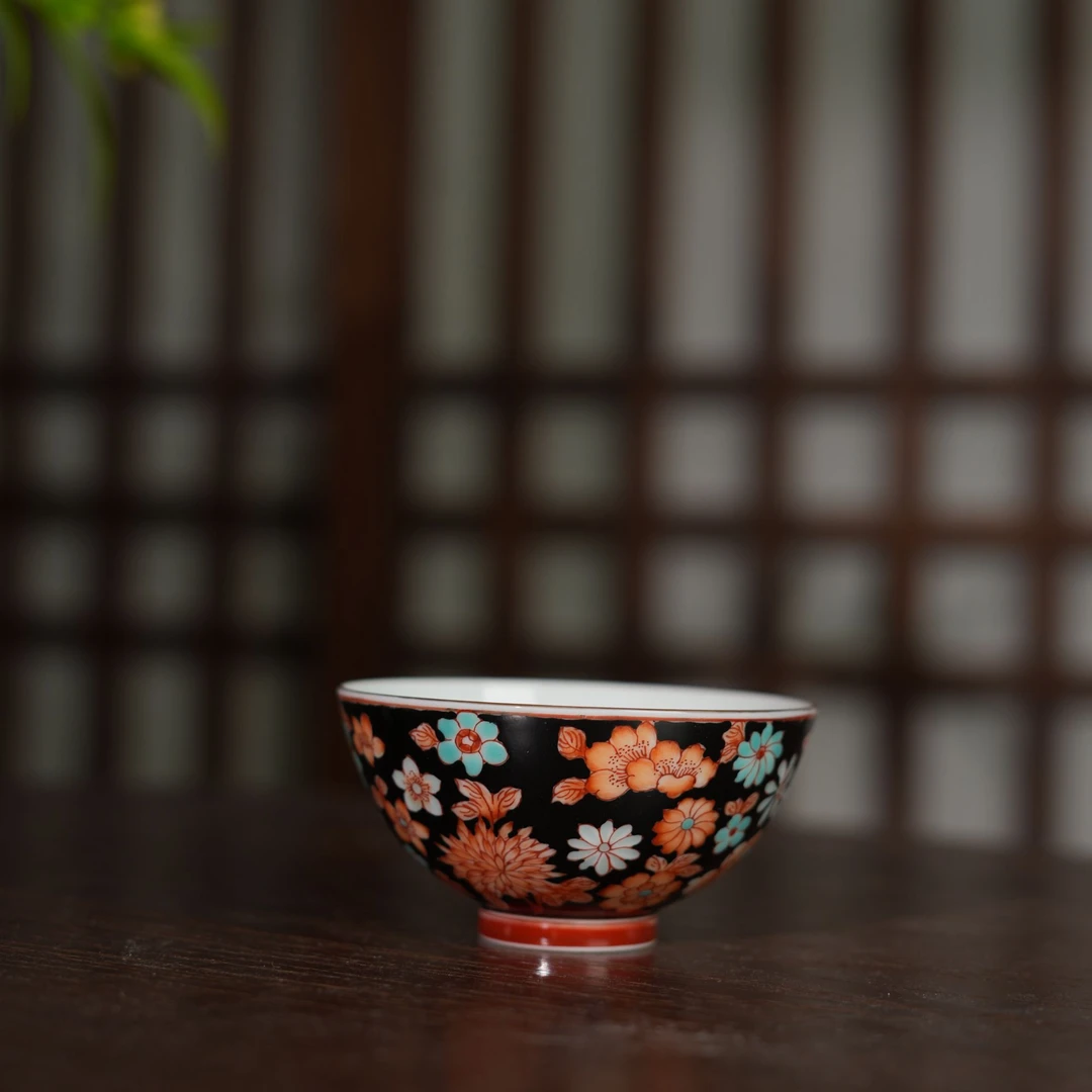 玲珑集 黑地矾红繁花主人杯-100毫升 LL496