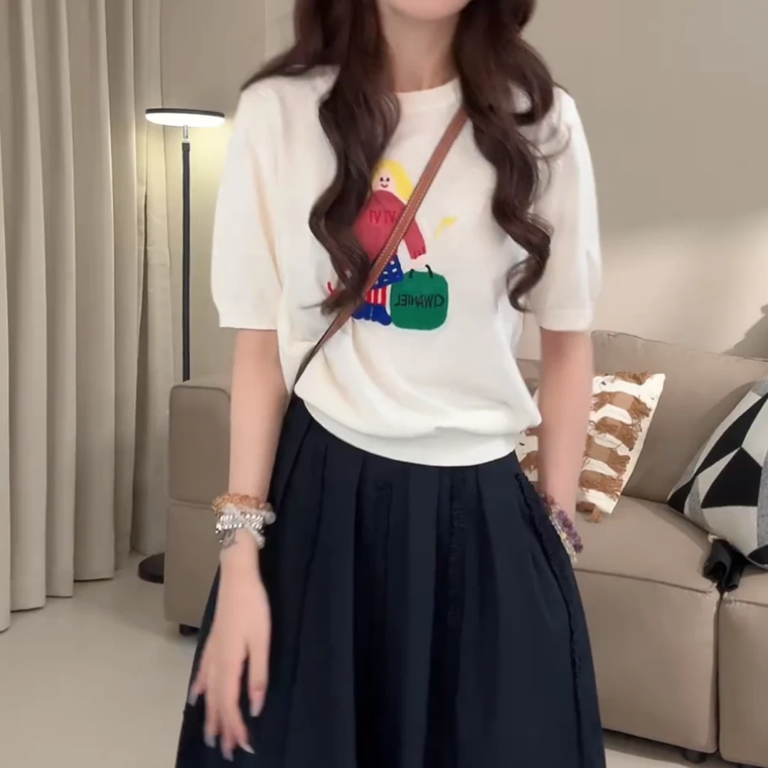 2025夏季重工刺绣圆领针织衫凉感丝休闲时尚短袖上衣LK2504691