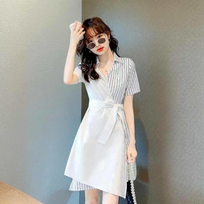 设计感条纹拼接不规则短袖连衣裙女夏季薄款洋气法式休闲衬衫裙子