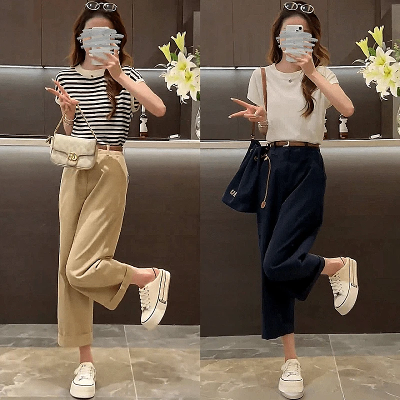 短袖套装显瘦阔腿裤洋气时尚夏季减龄女装上衣裤子气质高腰休闲