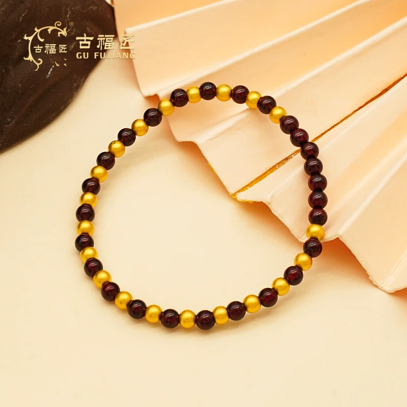 【阿旭金选】黄金足金气质典雅卡4石榴石金珠赠手串