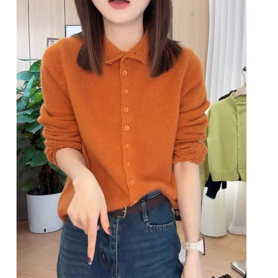 【钩花立领可翻领】橘色镂空长袖针织开衫秋冬新款韩系小众百搭上衣
