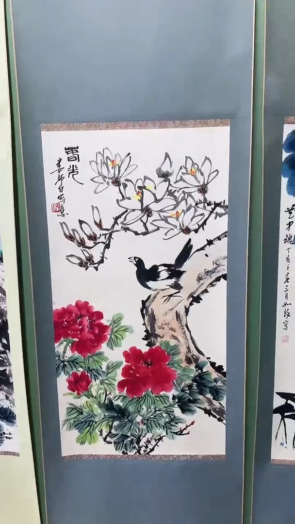 竖款精品三尺卷轴，花鸟