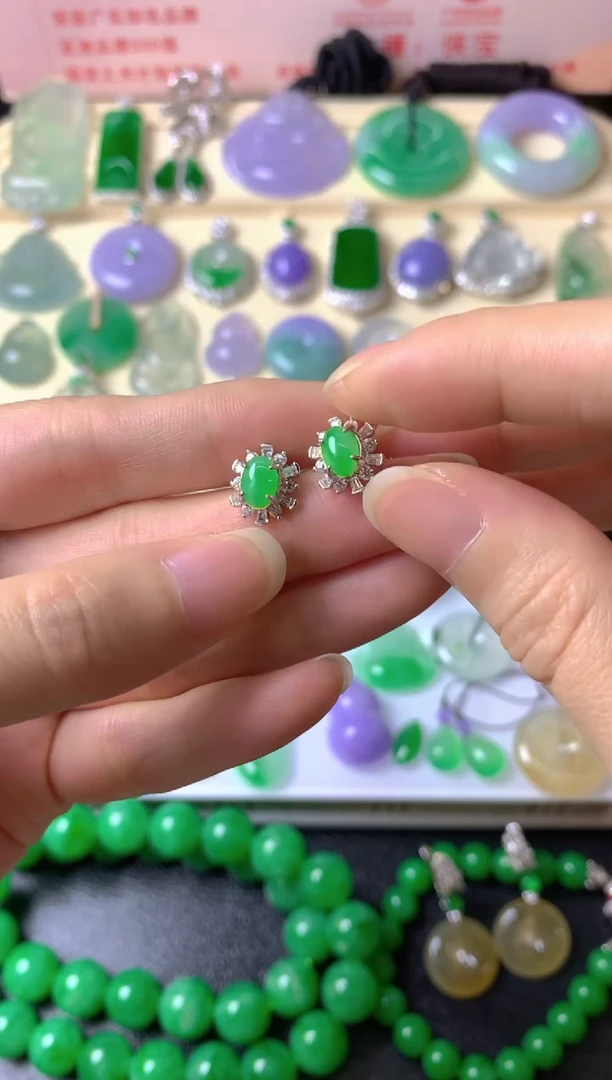 银S925镶嵌翡翠耳饰青*儿耳饰