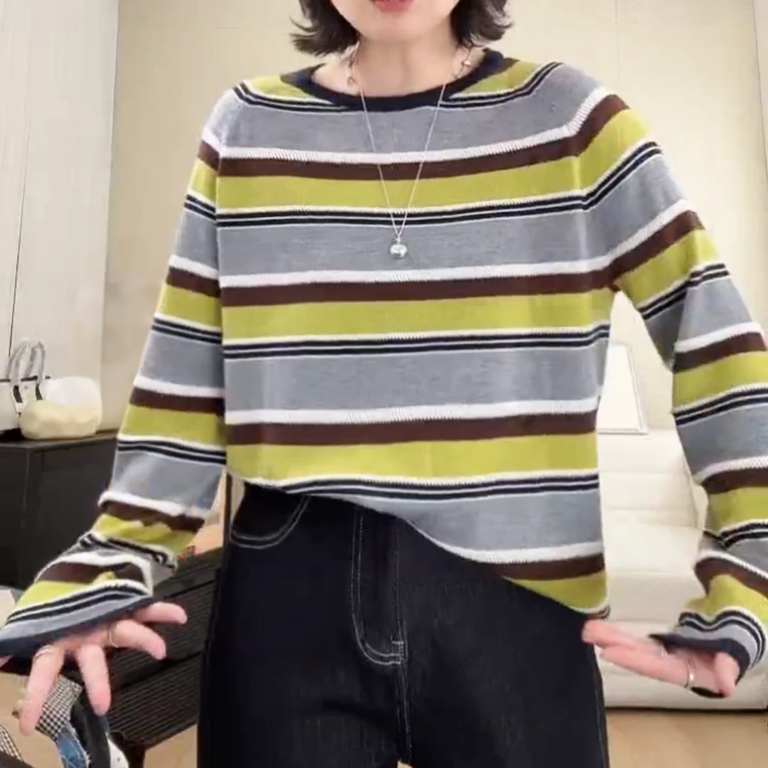 “青提生巧”高级感秋季显瘦透气纸片人条纹长袖针织衫女LK2506411